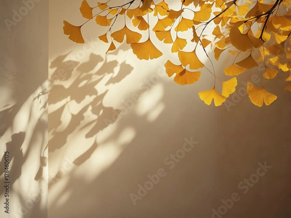 Obraz 柔らかな秋の光に映る黄金色のいちょうの葉のミニマル背景