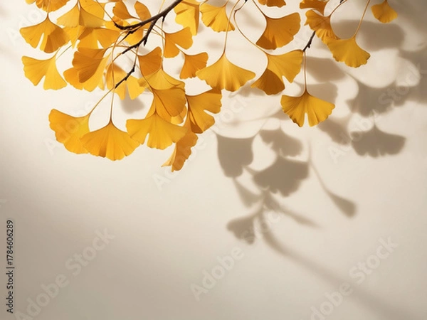Obraz 柔らかな秋の光に映る黄金色のいちょうの葉のミニマル背景