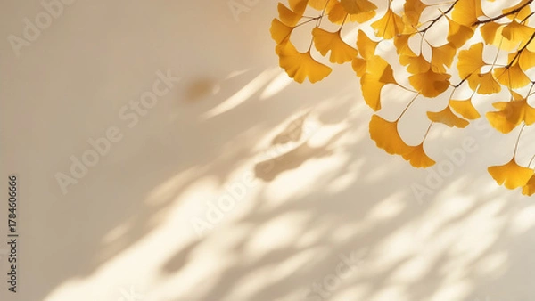 Obraz 柔らかな秋の光に映る黄金色のいちょうの葉のミニマル背景
