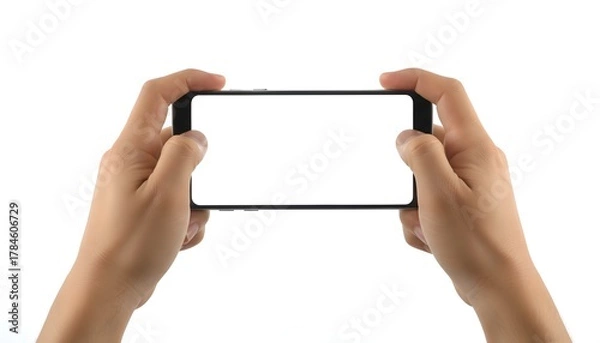 Obraz Holding a blank modern smartphone horizontally in hand for app promotion use