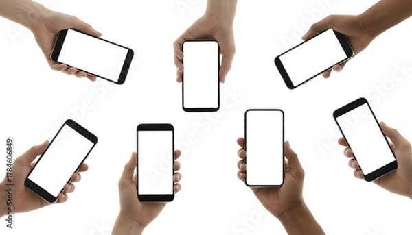 Obraz Diverse hands holding phones with blank white screens ready for your app promotion