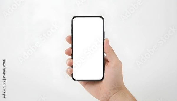 Fototapeta Hand holding modern smartphone with blank white screen ready for your content