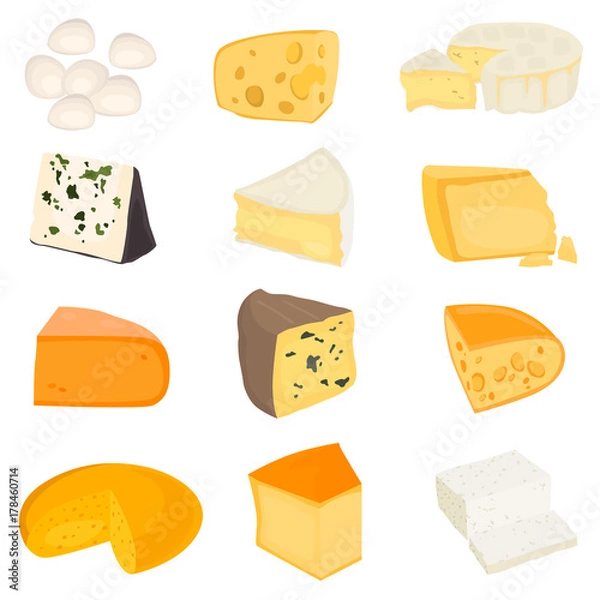 Fototapeta The most popular cheeses color flat icons set