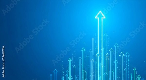 Fototapeta Rising arrow pointing upwards on blue background symbolizing growth and success in business