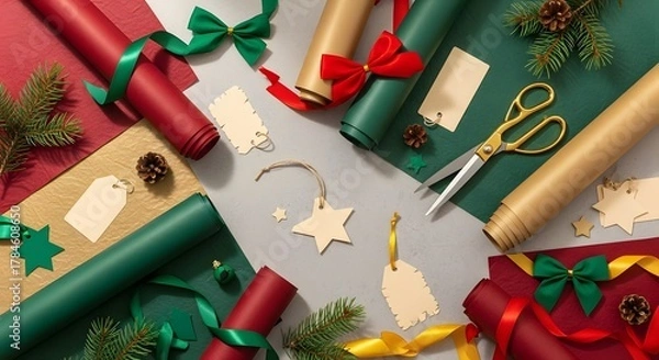 Fototapeta Christmas gift wrapping materials on creative table