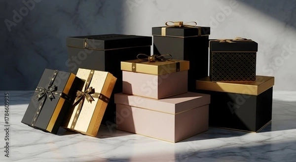 Fototapeta Stack of luxury gift boxes on marble surface