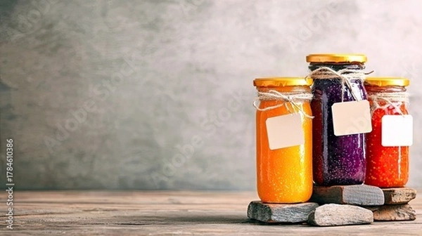 Fototapeta Three glass jars containing colorful preserves, jams, or juices, each tied with twine and featuring a blank label, are displayed on a rustic wooden surface.