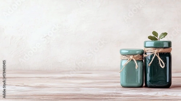 Fototapeta Two decorative glass jars, one smaller and teal, the other larger and dark green, are tied with twine and placed on a wooden surface with a subtle plant sprout