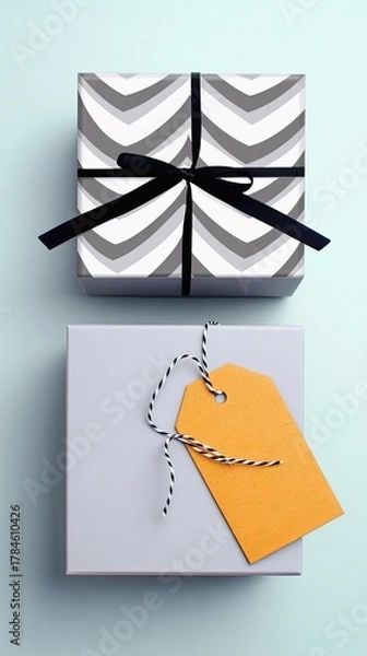 Fototapeta A top-down view of two gift boxes against a light blue background, one wrapped in a chevron pattern with a black ribbon, the other a plain gray box with an oran