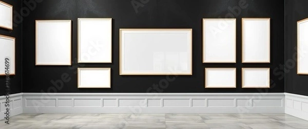Obraz Empty art frames on a stark black gallery wall,  minimalist,  empty