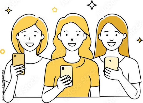 Fototapeta Vector art of three women connecting with their smartphones