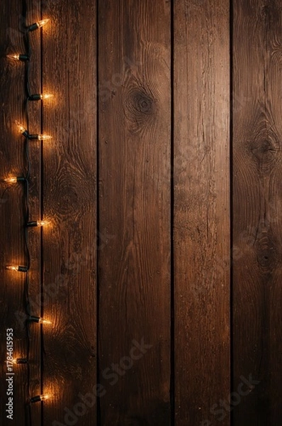 Obraz Warm glowing string lights cascade down rustic dark wood planks, creating cozy festive ambiance for holidays and celebrations.