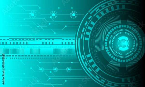 Obraz blue turquoise circles circuit with lines electronic networking cyberspace spot shine light abstract high technology background