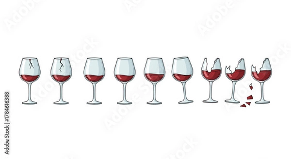 Fototapeta A linear sequence of wine glasses, depicting a progression from intact to shattered, filled with red wine, presented as a cartoon vector illustration on a clean white background, symbolizing