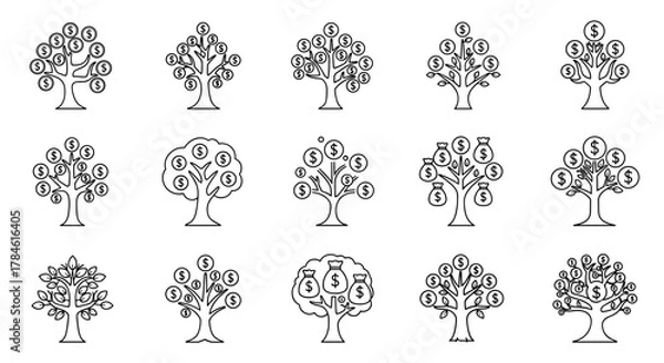 Fototapeta Collection of outline illustrations of money trees, symbolizing financial growth and wealth. Each tree features dollar signs or money bags as fruit, presented in a clean, editable stroke style