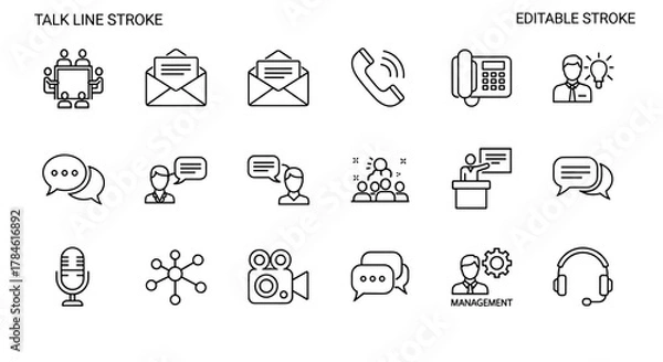 Fototapeta Collection of line icons representing communication and business concepts, including meeting, message, phone call, speech bubbles, conversation, conference, chat, management, microphone, network