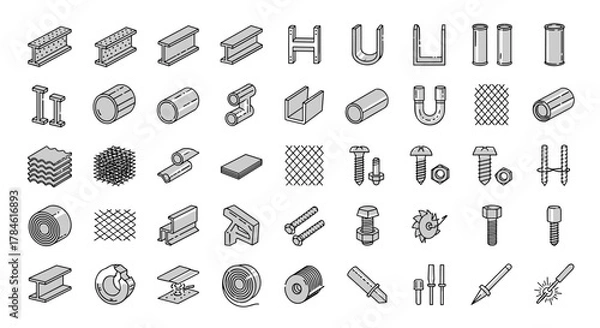 Fototapeta Set of linear style icons representing metal and stainless steel products, including beams, profiles, screws, bolts, mesh, pipes, and other building materials, presented in a clean, modern, and