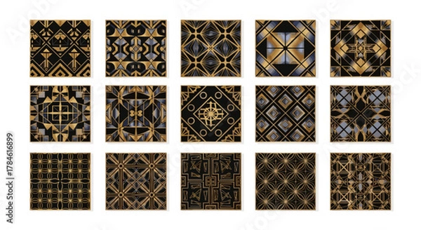 Fototapeta Collection of 15 seamless abstract luxury geometric patterns in gold and black, featuring Art Deco and modern design elements, perfect for backgrounds, textiles, and graphic design projects, vector