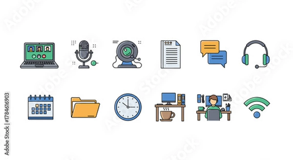 Fototapeta Vivid cartoon vector illustration set depicting elements of online meetings and remote work, including a laptop with video call, microphone, webcam, document, chat bubbles, headphones, calendar