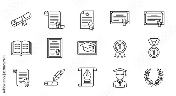 Fototapeta Collection of outline signs representing diplomas, certificates, academic achievements, and educational symbols, drawn with thin lines for versatile application in apps, websites, banners