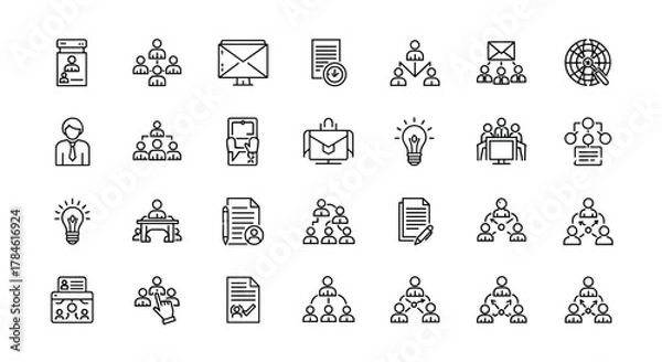 Fototapeta A comprehensive collection of line icons representing business collaboration, teamwork, and organizational structures, presented on a clean white background for versatile use in digital and print