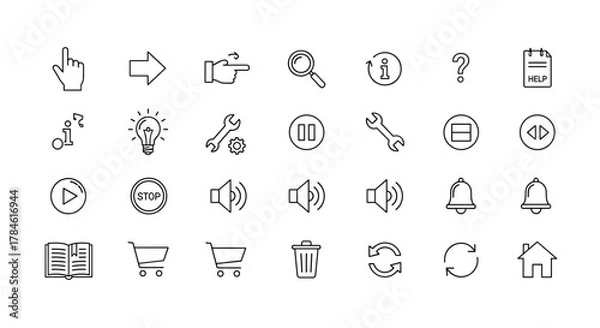 Fototapeta A clean and modern line icon set featuring essential symbols like a hand cursor, arrow, pointing finger, magnifying glass, information icon, question mark, and help document, presented on a white