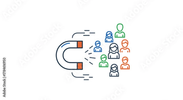 Fototapeta Customer retention concept, illustrated with a horseshoe magnet attracting a group of diverse people icons in blue, green, and orange, symbolizing business growth and marketing strategies, presented