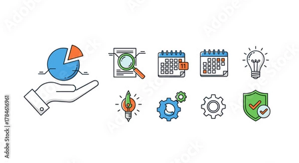 Fototapeta Set of flat design icons representing business concepts: a hand holding a pie chart, a magnifying glass over a document, calendars, gears, a lightbulb symbolizing ideas, and a shield with a checkmark