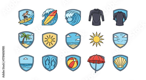 Fototapeta Collection of vibrant and colorful vector cartoon illustrations set within shield outlines, depicting various summer and beach themes including surfing, waves, palm trees, sunny skies, flip-flops