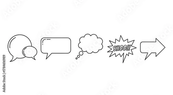 Fototapeta Collection of minimalistic outline speech bubbles and thought bubbles, including a comic-style 'SHOO!!' burst and an arrow-shaped speech bubble, perfect for web, graphic design, apps, banners, social