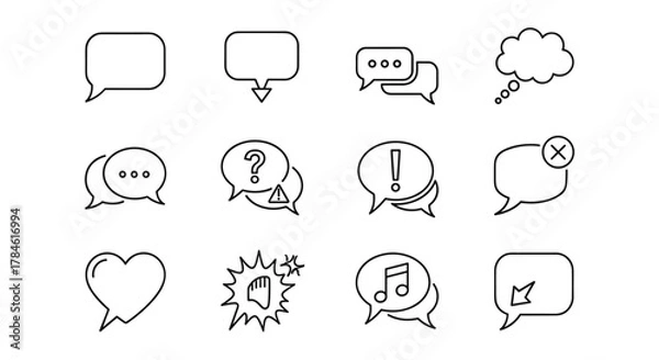 Fototapeta Collection of outline speech bubble icons representing various communication concepts, including dialogue, questions, alerts, thoughts, notifications, and emotions, suitable for graphic design, web