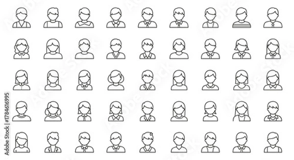 Fototapeta Collection of minimalistic line art user avatars, representing diverse individuals with simple, clean designs suitable for web, graphic design, apps, banners, social networks, and cards. This vector