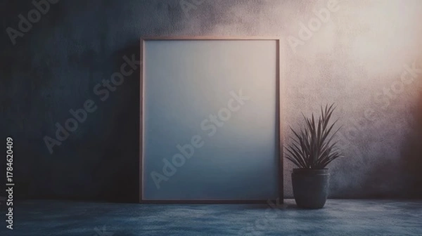 Fototapeta Empty Frame Against a Textured Wall with a Plant