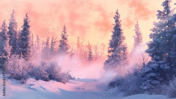 Obraz Enchanted Winter Sunrise: A Misty Forest Path