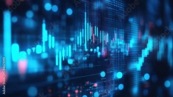 Fototapeta Abstract Digital Stock Market Data Visualization: Blue and Pink Candlestick Charts on a Dark Background
