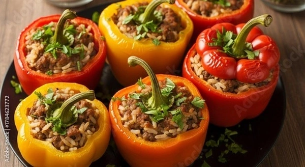 Fototapeta Stuffed bell peppers with rice and ground meat, fresh parsley garnish