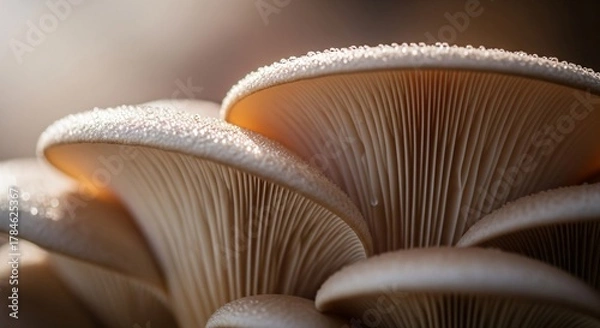 Fototapeta Macro detail of fresh oyster mushroom gills with delicate water droplets, showcasing nature's intricate organic patterns