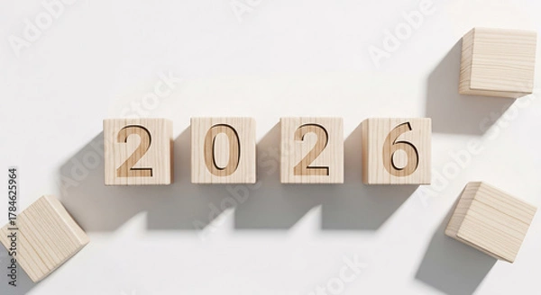 Fototapeta Wooden cubes with the numbers 2026 representing the upcoming new year. Concept of future planning, goals, and new beginnings