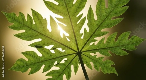 Fototapeta Golden sunlight filters through the intricate patterns of a vibrant green papaya leaf.