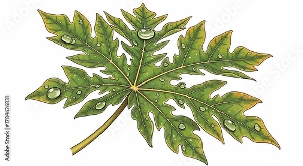 Fototapeta Close-up illustration of a green papaya leaf with water droplets, showing intricate details.