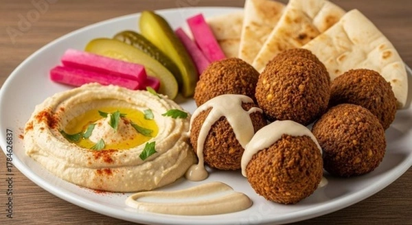 Fototapeta Falafel plate with hummus, tahini, pickles, and pita bread