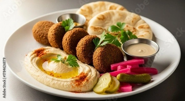 Fototapeta Falafel plate with hummus, tahini, pickles, and pita bread