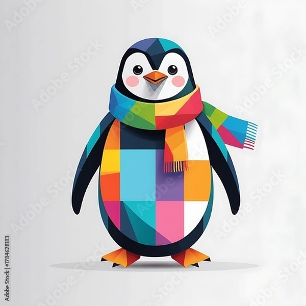 Obraz Cute geometric penguin with colorful scarf, soft gradients.