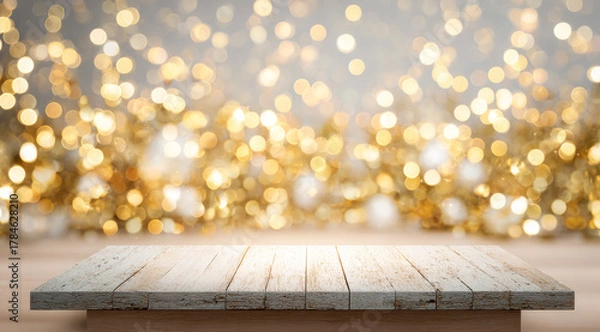 Fototapeta Empty White Wooden Table Mockup with Bright Golden Christmas Bokeh Background, This high-impact image is ideal for New Year's Eve promotions, luxury holiday product display, or glamorous Christmas 