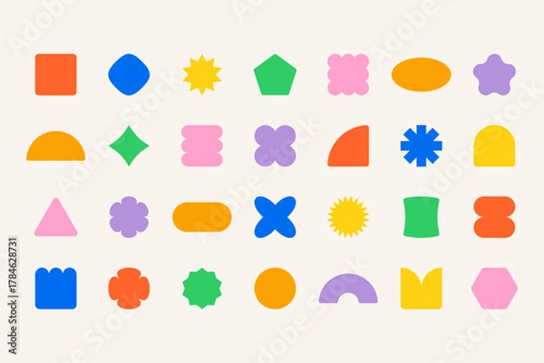 Fototapeta Abstract geometric shapes. Groovy stickers 70s 80s pop art style, retro funky geometry figures, Y2K organic badges for poster logo design. Vector isolated set