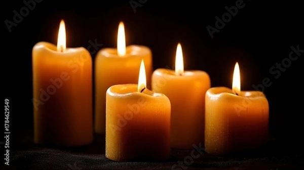Fototapeta Eerie ambiance with burning candles against a stark black backdrop creating a sense of mystery and contemplation, available space for text overlay, perfect for spiritual themes and dramatic visuals