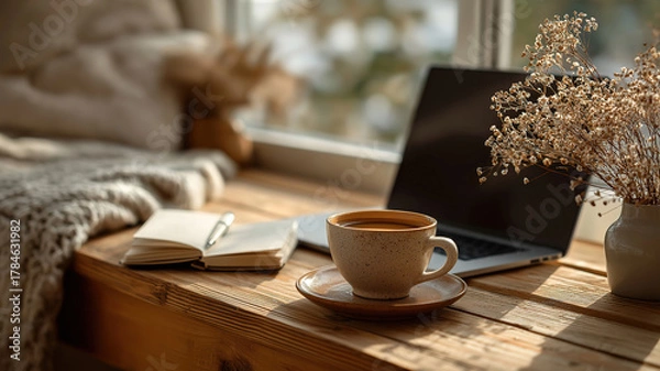 Obraz Helles Homeoffice mit Laptop Kaffee und Notizbuch am Fenster für produktives und entspanntes