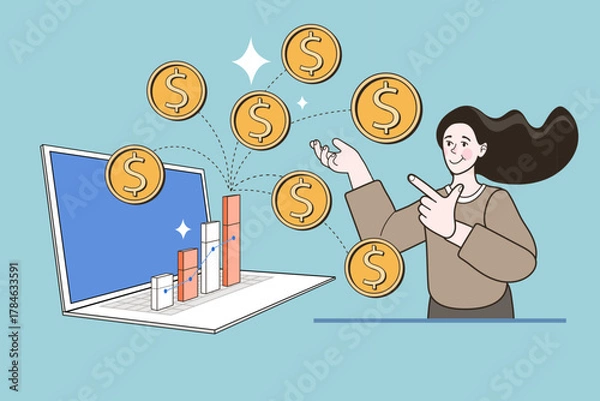 Fototapeta This online earning concept shows a happy woman receiving money and profit from her laptop. The financial growth bar chart illustrates a successful digital business or passive income.