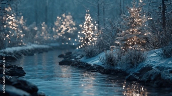 Obraz frozen riverbank with Christmas lights reflecting,
