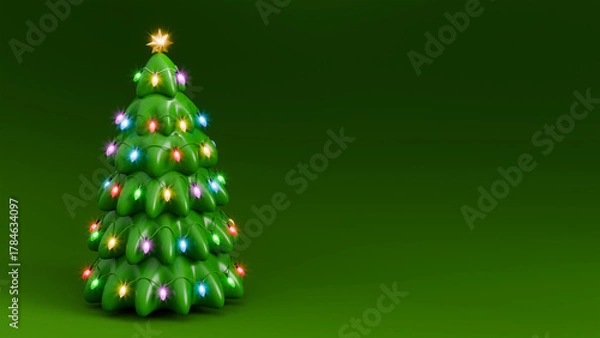 Fototapeta Stylized cartoon green Christmas tree adorned with colorful lights. Concept of Christmas decoration and New Year. Green background. 3D render, minimalistic illustration